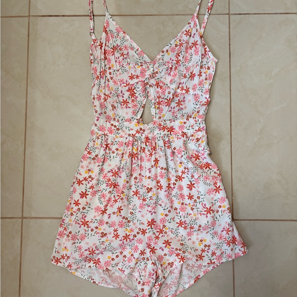 White Floral Tie-Front Romper